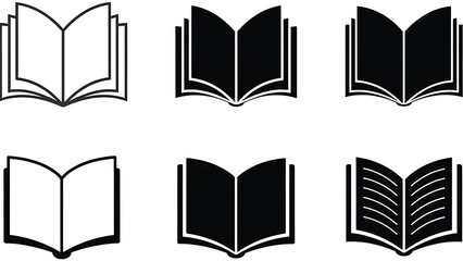 Six Black and White Open Book Icons in a Grid Layout symbol