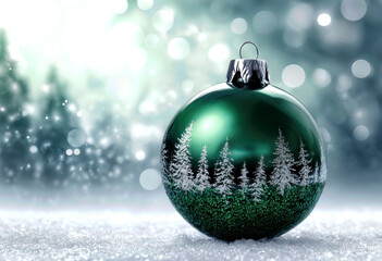 A glimmering green ornament rests on a soft layer of snow, adorned with delicate trees, creating a magical atmosphere reminiscent of winter festivities and celebrations.