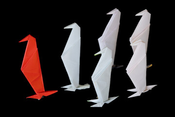 Red origami penguin leading a line of white paper penguins: a leadership and difference concept