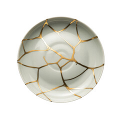 Kintsugi ceramic plate with gold repair isolated on a transparent background
