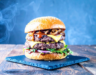 Gourmet Double Smashburger with Melting Cheese and Caramelized Onions on Dark Slate