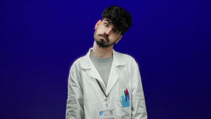Man in white coat with name tag stands against a vivid blue background, exuding a professional yet approachable demeanor, pens visible in his pocket.