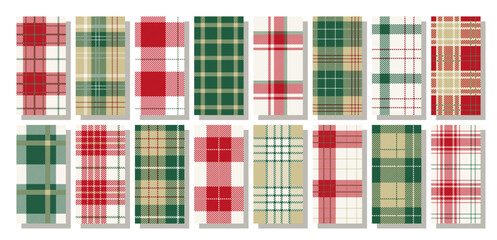 Plaid Christmas background. Tartan seamless pattern. Flannel green red textures. Lumberjack check tablecloth. Gingham textile fabrics. Vichy prints. Geometric abstract design. Vector illustration