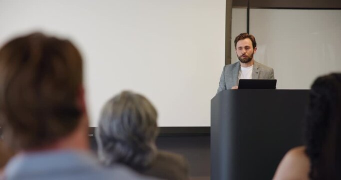 Laptop, man or discussion with audience in seminar for industry trends, knowledge or share insights. Tech, people and keynote speaker with speech for career development, learning and upskill training