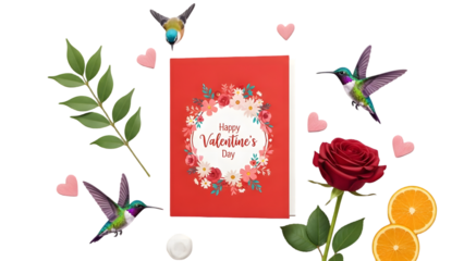 Romantic still life with book hummingbirds and floral elements isolated on transparent background