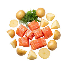 Fresh salmon pieces and baby potatoes arranged on a black background isolated on transparent background