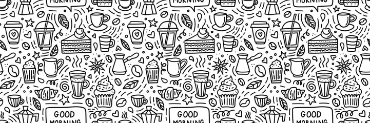 Seamless coffee and breakfast doodle pattern with cups, desserts, beans, croissants, mugs. Hand-drawn black and white design perfect for cafes, packaging, textiles, menus, wrapping paper, backgrounds
