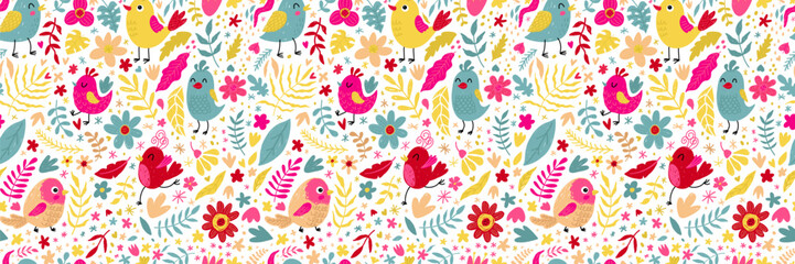 Seamless cute birds and floral pattern in bright playful colors. Hand-drawn whimsical design perfect for kids products, textiles, wrapping paper, wallpapers, stationery and spring or summer themes