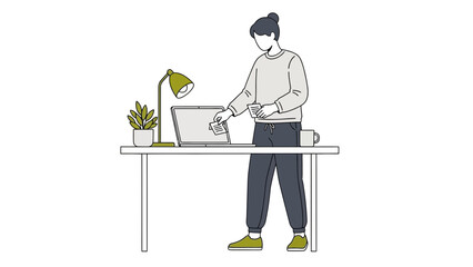 Fototapeta premium Illustration of a person working on a laptop at a desk with lamp and coffee cup