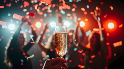 A celebratory toast with a champagne flute filled with bubbly, amidst a blur of confetti and dancing people at a vibrant party
