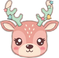 Cute pink reindeer head with festive antlers