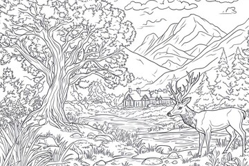 Obraz premium Deer by river, mountain lodge, forest, nature landscape, coloring page