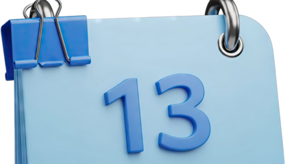 A close up 3d render illustration of a light blue calendar page showing the number 13 held by a blue binder clip and metal rings against a transparent background symbolizing a date or appointment