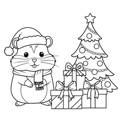 Cute Christmas Hamster with Santa Hat, Gifts and Holiday Tree – Adorable Winter Cartoon Illustration Perfect for Kids, Coloring Pages, Festive Decorations and Seasonal Graphic Resources