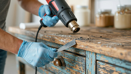 close up of a man removing old paint from a vintage wooden cabinet using a heat gun and metal scraper during furniture restoration