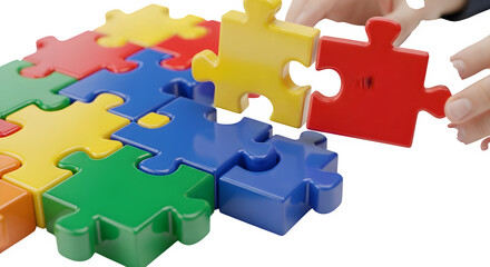 Obraz premium Hands connecting colorful puzzle pieces, teamwork and problem solving concept isolated on transparent background