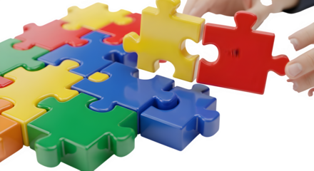 Hands connecting colorful puzzle pieces, teamwork and problem solving concept isolated on transparent background
