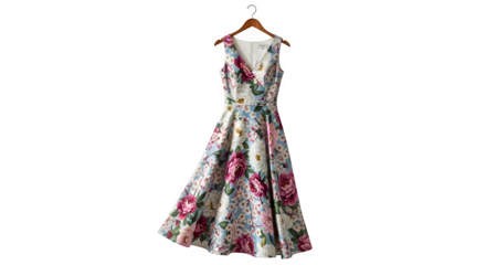Elegant sleeveless floral print aline dress hanging on a wooden hanger isolated on transparent background