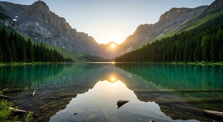 Sun bursts over serene mountain lake with forest reflections