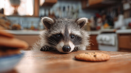 Ai raccoon approaches cookie on wooden table in kitchen during daylight hours