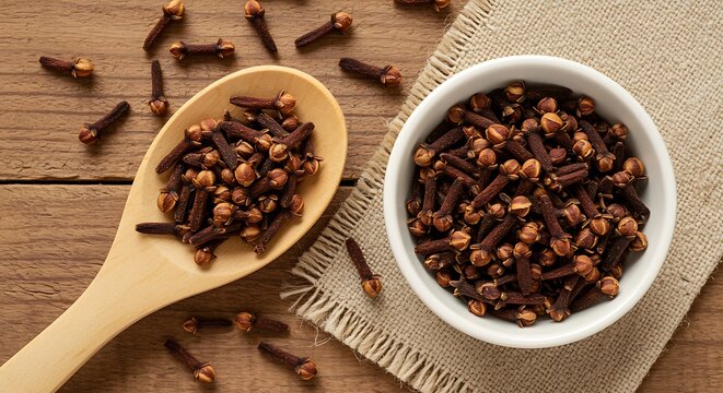 Dried whole cloves in white bowl and wooden spoon on rustic wood