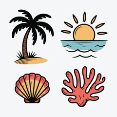 Drawn Summer Vintage Icon Set: Palm Tree, Sunset Beach, Seashell, and Coral