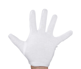 Man in cloth glove on white background, closeup