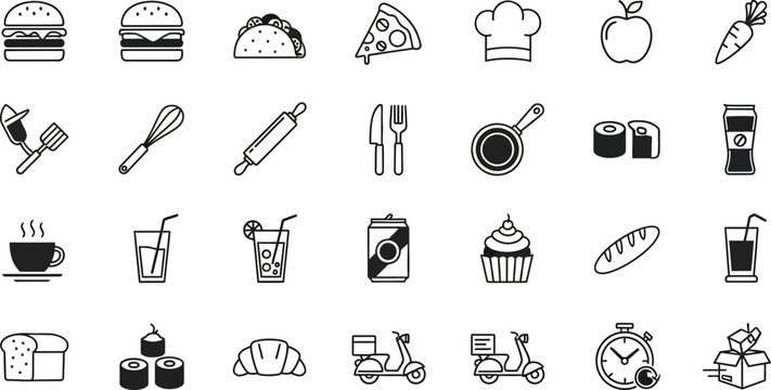 A Big bundle of Food icon set. filled icons such as, food, healthy food, celebration cake, fodder, triangular pizza slice, hamburger and more - Powered by Adobe