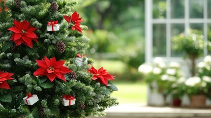 Colorful ornaments and wrapped gifts adorn a beautifully decorated Christmas tree, creating a warm holiday atmosphere