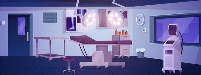 Modern operating room interior with a surgical table, lamps, and medical equipment.