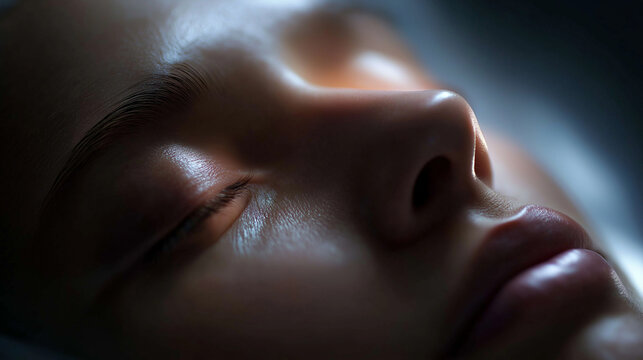 Nahaufnahme eines schlafenden Frauengesichts in sanfter dramatischer Beleuchtung