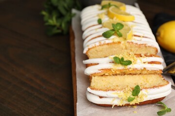 Delicious lemon cake with glaze, fresh fruit slices and mint on wooden table, closeup. Space for text