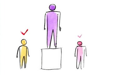 This illustration depicts a hierarchical setup with a larger figure on a pedestal, symbolizing achievement and recognition, ideal for motivational content, leadership themes