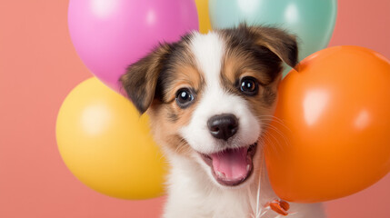 Ai cute puppy with colorful balloons smiles brightly in a studio setting during a playful moment