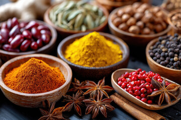 Assortment of colorful spices in wooden bowls