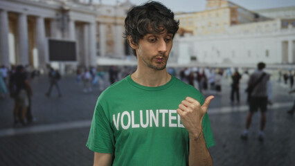 Man in green volunteer shirt pointing thumb toward historic sunlit building in vatican; hopeful community support.