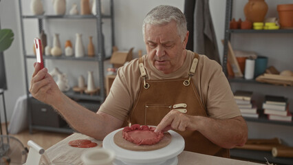 Man potter in studio holding phone and shaping clay with fingers while seated at wheel; craft concentration.