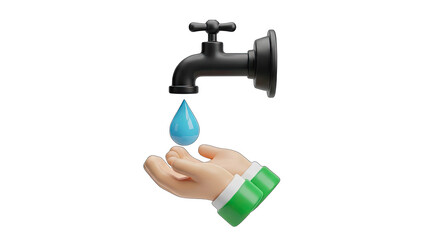 3D Rendering of a Black Faucet Dripping a Blue Water Droplet into Open Hands with Green Cuffs Against a Transparent Background