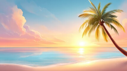 Obraz premium A serene beach scene at sunset with a palm tree silhouetted against a colorful sky, perfect for travel brochures, relaxation themes, or tropical vacation promotions,