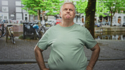 Fototapeta premium Man with hands on hips facing camera on a cobbled street with bicycles and a canal behind him; quiet determination.