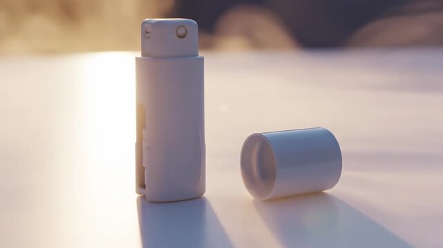 A small white flash drive stands upright on a smooth, sunlit surface with its cap nearby. Soft glow