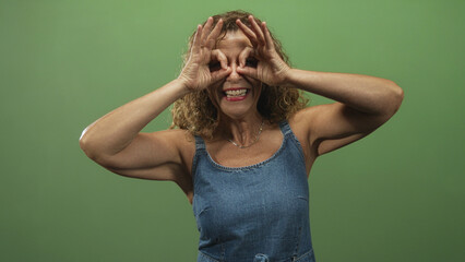 Woman making hand binoculars over eyes, smiling in denim dress against a green studio backdrop;...