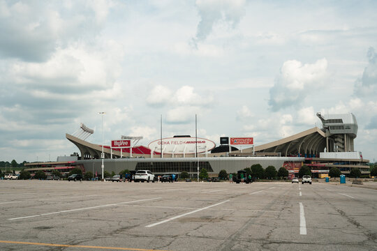 Empty Parking Lot of Arrowhead Stadium, Home to the Kansas City Chiefs, in Kansas City, Missouri, July 2025