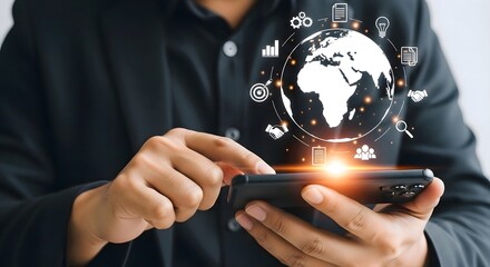 Global business network connection using smartphone for digital marketing and technology concept