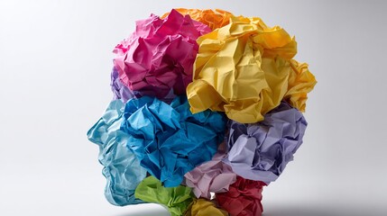 Paper head profile, crumpled colorful sheets forming hair