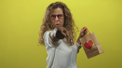 Middle aged hispanic woman pointing finger holding paper gift bag with red heart in studio; accusation urgency.