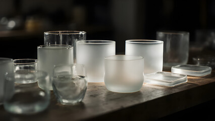 Collection of frosted clear glass objects and tumblers