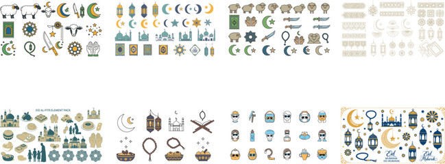 Set of Eid Al Fitr pack with diverse including sheep lanterns and mosques