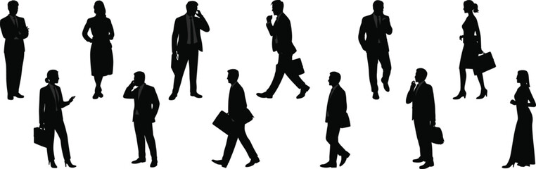 Business professionals silhouette collection showing corporate poses, walking actions and communication gestures for modern workplace concepts, branding projects, vector illustration