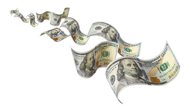 Flying hundred dollar bills, isolated on transparent cutout background